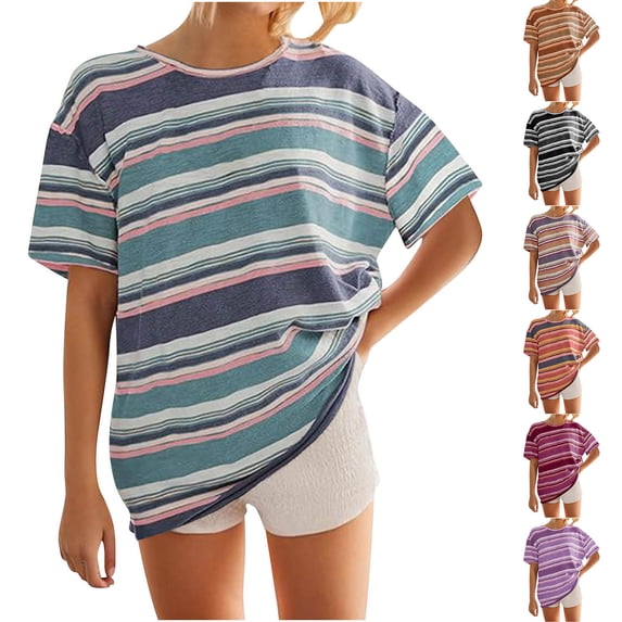 Ashirexll T-shirts, Womens Short Sleeve Tops, Women Oversized T-shirt Striped Short Sleeve Crew Neck Tee Shirt Casual Loose Drop Shoulder Summer Going Out Top