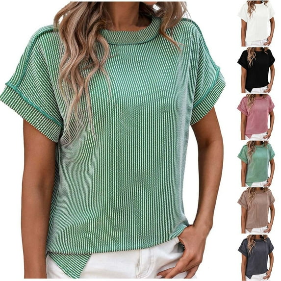 Ashirexll Women's T-shirts, Womens Short Sleeve Tops, Women's Casual Fashion Solid Color Outer Seam Short Sleeve Round Neck Top