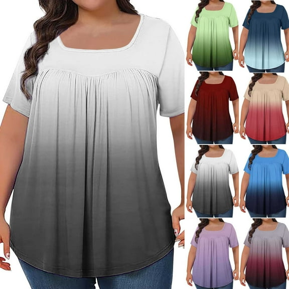 Ashirexll Womens Shirts Casual, Summer Shirts for Women, Printed Oversized Collared Pleated Short Sleeve Loose Top-5XL