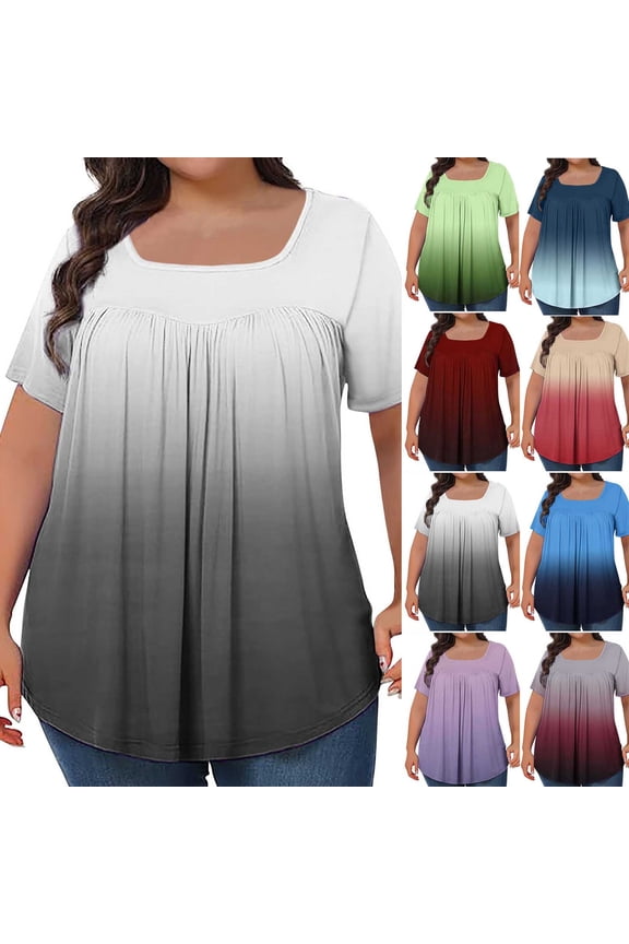 Womens Shirts Casual, Summer Shirts for Women, Printed Oversized Collared Pleated Short Sleeve Loose Top-5XL