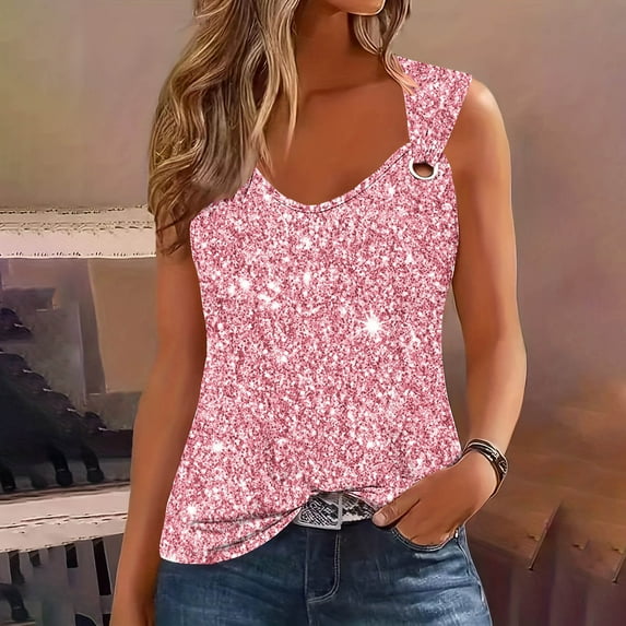 Axiiglly Tank Top for Women Sequin V Neck Solid Color Tank Top Loose Fit Ring Straps Sparkly Sleeveless Shirt Casual Beach Yoga Tank Tops