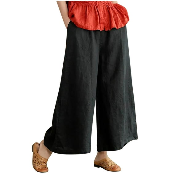 Kukoosong Wide Leg Pants for Women Casual Summer Elastic High Waist Linen Pant Pockets Cropped Trouser Plus Size Pants Black 4XL