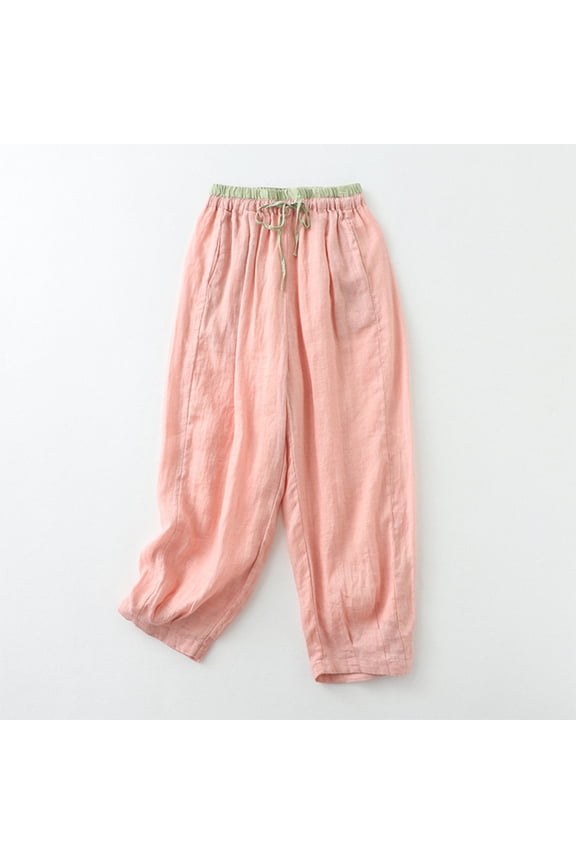 Cropped Pants for Women Womens Harem Pants Casual Pocket Loose Drawstring Elastic Waist Cropped Trousers Vintage Cotton Linen Wide Leg Leisure Wear Pants