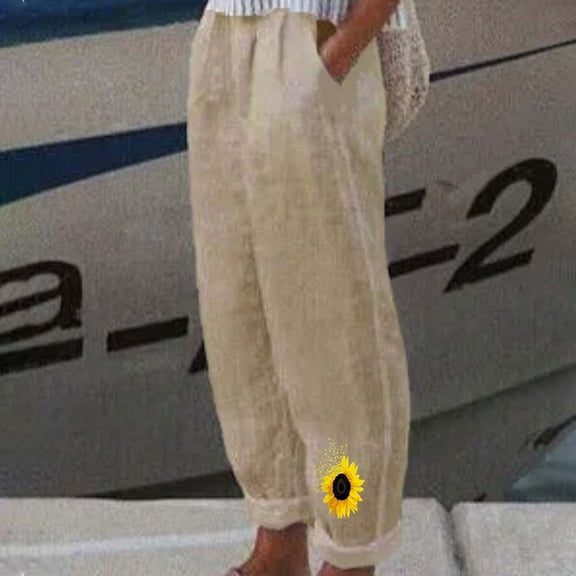 Wycnly on Sale Pants for Women Trousers for Women Vintage Cotton Linen Plus Size Loose Straight Leg Pants Fashion Sunflower Print Elastic Waist Long Pants with Pockets