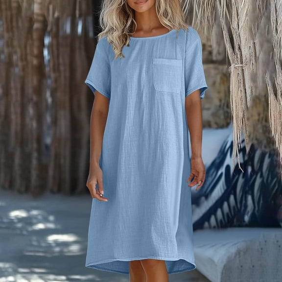 Summer Saving Dresses for Women Plus Size, Fashion Women's Summer Casual Round Neck Short Sleeve Solid Beach Sundresses Pockets Dress(Blue,S)