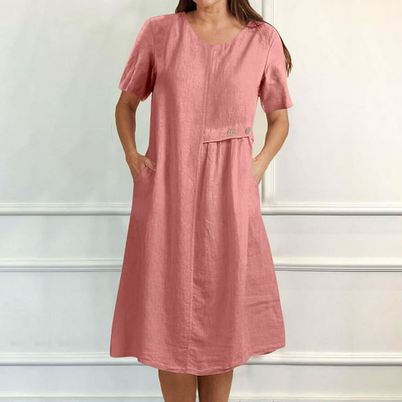 Summer Saving Dresses for Women Plus Size, Women's Fashion Holiday Summer Solid Color Sleeveless Hollowed Out Party Midi Beach Dress(Pink,L)