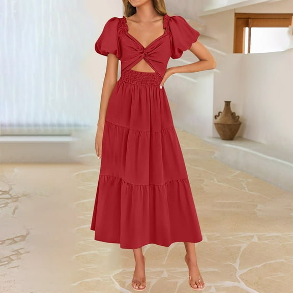 Summer Saving Dresses for Women Plus Size, Women's Fashion Sexy Solid Lace Short Sleeve Pleated Dresses Long Dress Midi Maxi Dresses Elastic Waist Boho Beach Dress Pockets(Red,L)