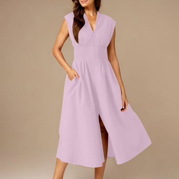 Summer Saving Dresses for Women Plus Size, Women's Solid Color Zipper Front Fold V-neck Elegant And Comfortable Midi Dress With Pocket(Pink,L)