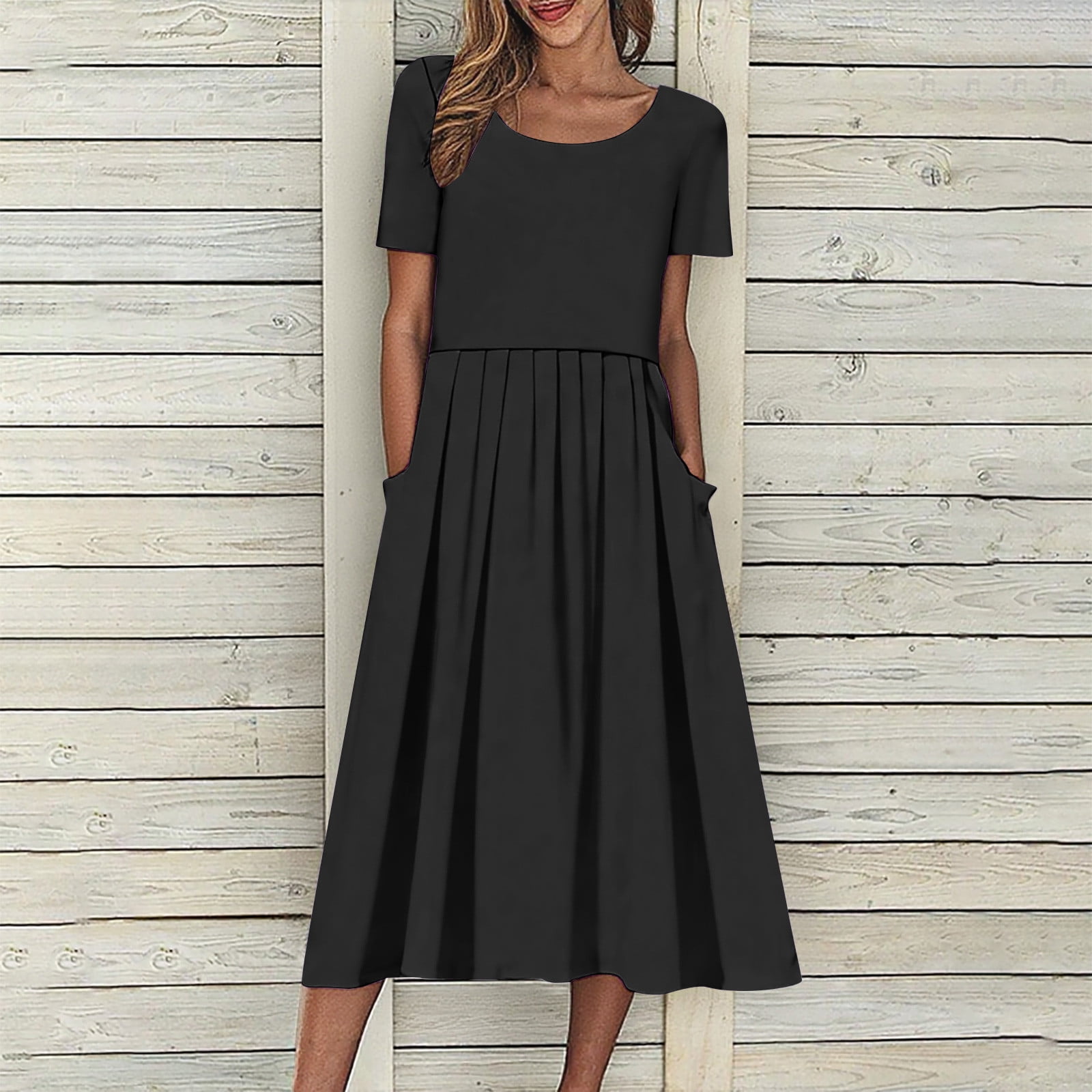 Summer Saving Dresses for Women Plus Size, Women's Vacation Casual Party  Daily Folded Round Neck Solid Short Sleeve Dresses With Pocket(Black,L)