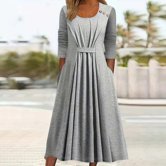 Summer Saving Dresses for Women Plus Size, Women's Solid Color Long Sleeved Button Pleated Dress(Gray,L)