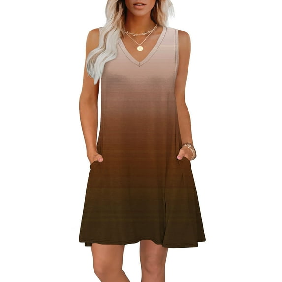 Summer Saving Dresses for Women Plus Size, Women's Summer Fashion Printing Pocket Sleeveless V-Neck Dress(Brown,L)