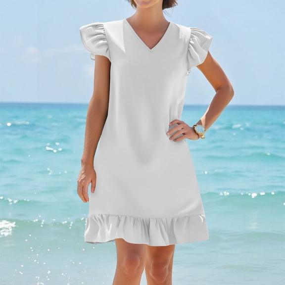 Summer Saving Dresses for Women Plus Size, Womens’s Solid Color V Neck Summer Ruffle Hem Casual Beach Dress(White,L)