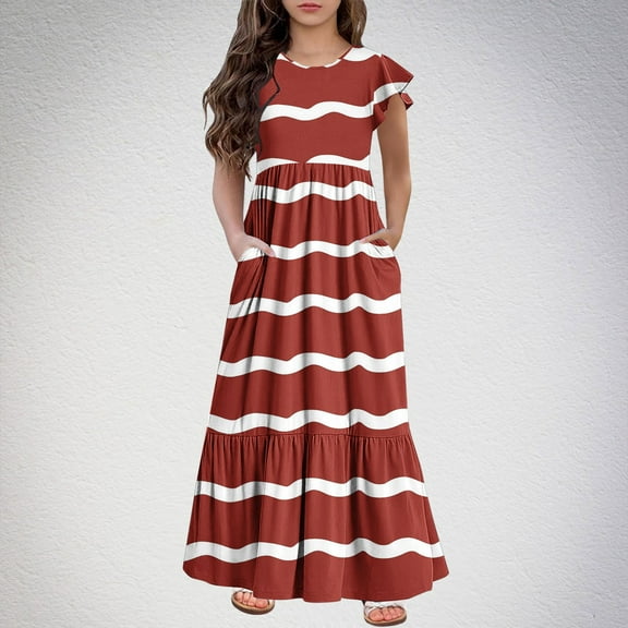 Summer Girls Maxi Dresses with Pockets 6-12 Years Tweens Kids Casual Stripe Printed Short Sleeve Crewneck Long Beach Dress