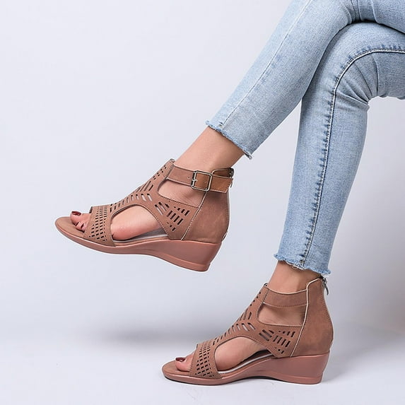 Summer Saving Clearance! Itsun Women's Wedge Sandals Women's Cut-Out Casual Slippers Wedge Heel Shoes Buckle Comfortable Sandals Brown US Size 5.5