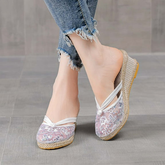 Summer Saving Clearance! Itsun Women's Wedge Sandals Women's High Heels Shoes Linen Straw Sandals Wedges Casual Dress Lace Slippers White US Size 7