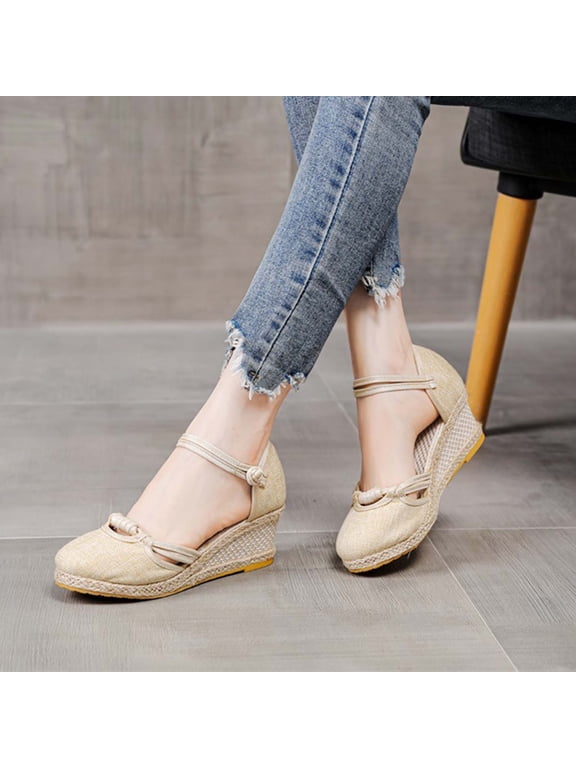 Summer Saving Clearance! Itsun Women's Wedge Sandals Womens Closed Toe Wedges Shoes Platform Slingback Mid Low Heel Canvas Dress Sandals Beige US Size 9
