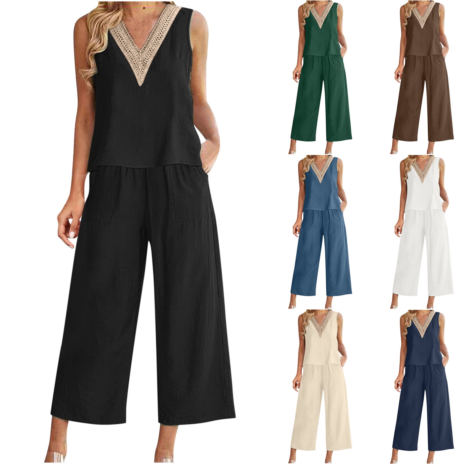 Summer Saving Clearance Jumpsuit Xihbxyly Two Piece Outfits for Women  Summer, Women's V-Neck Solid Sleeveless Top Loose Pocket Pants Suit Wide  Leg Pants Matching Sets with Pockets Blue XXXL