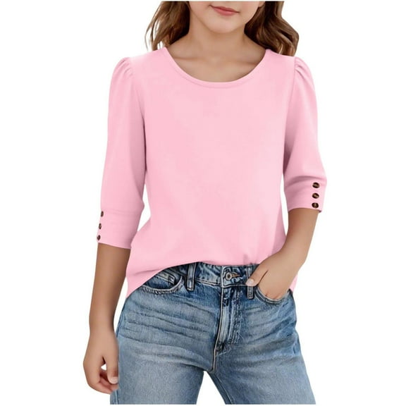 Kukoosong Girls Summer Tops Toddler Crew Neck 3/4 Sleeve Pullover Tops Baby Girl Clothes Solid Color T-Shirts for 11 Years