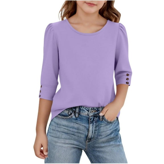 Kukoosong Girls Summer Tops Toddler Crew Neck 3/4 Sleeve Pullover Tops Baby Girl Clothes Solid Color T-Shirts for 14 Years