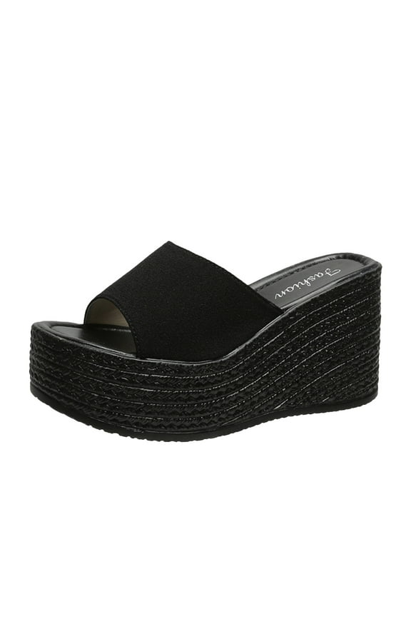 Summer Kukoosong Sandals Women Matsu Heel Thick Sole Slope Heel Womens Shoes Breathable Slip-on Beach Sandals Wedge Sandals for Women Black 39