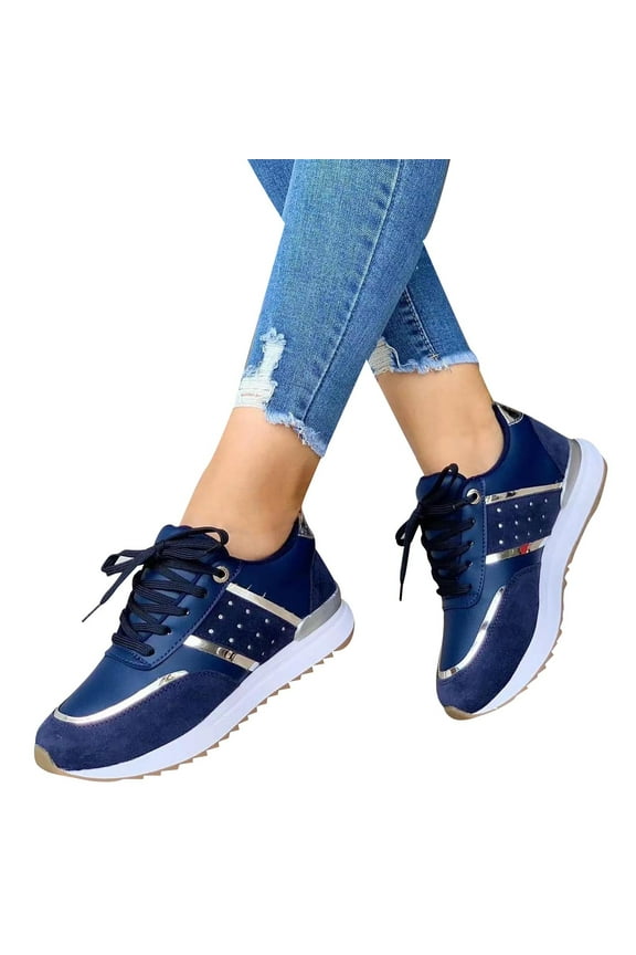 Sneakers for Women Round Head Thick Sole Low Top Color Block outdoor Sports Lace-up Comfy Casual Walking Running Work Shoes Non Slip Food Service Work Shoes Blue 8.5