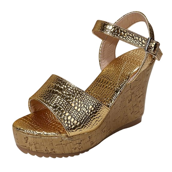 Kukoosong Womens Wedge Sandals Dressy Summer Suede Wedges Peep Toe Chunky Block Heels Platform Wedge Sandals Buckle Strap Sandals Women Gold 36