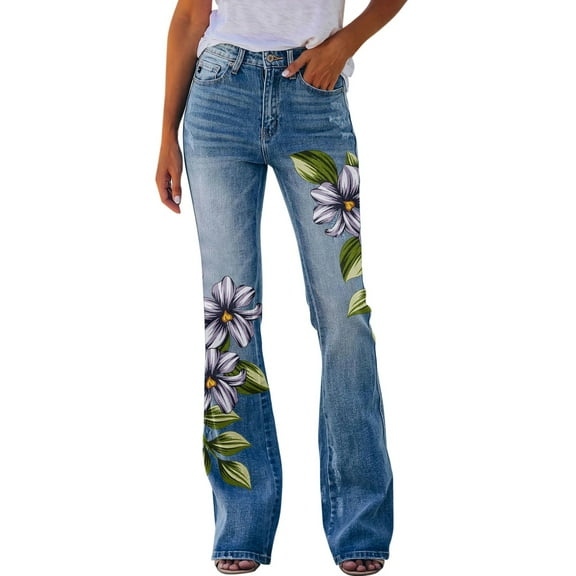 Summer Saving Clearance! LINGLANG Pants For Women Casual Floral Embroidered Vintage Stretch Flared Jeans Linen Pants