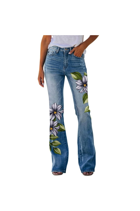 Summer Saving Clearance! LINGLANG Pants For Women Casual Floral Embroidered Vintage Stretch Flared Jeans Linen Pants