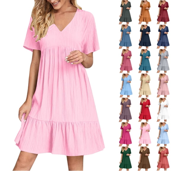 Summer Saving Maxi Dress Plus Size, Fashion Women Summer Casual V-Neck Short Sleeve Mini Dress(Peach Pink,L)