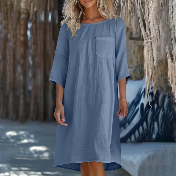 Summer Saving Maxi Dress Plus Size, Fashion Women's Summer Casual Round Neck 3/4 Sleeve Solid Beach Sundresses Pockets Dress(Navy,L)