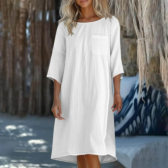 Summer Saving Maxi Dress Plus Size, Fashion Women's Summer Casual Round Neck 3/4 Sleeve Solid Beach Sundresses Pockets Dress(White,S)