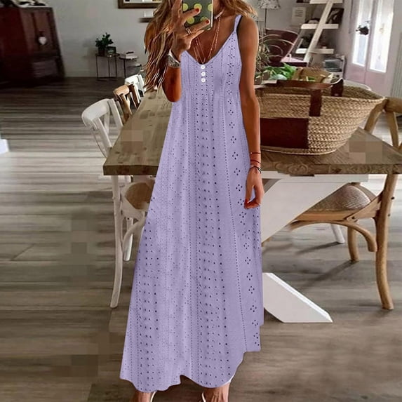 Summer Saving Maxi Dress Plus Size, Women Casual Holiday Style Hollow Out Long Dress Solid Color Loose Sleeveless-Neck Camisole Dress(Purple,S)