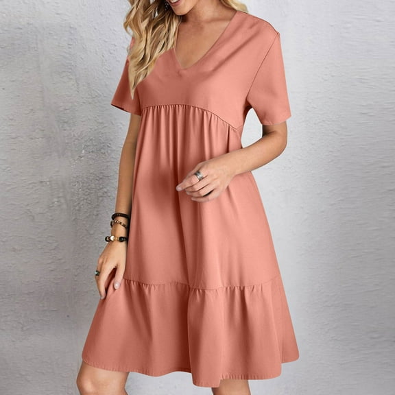 Summer Saving Maxi Dress Plus Size, Women Summer V-Neck Solid Color Casual High Waisted Short Sleeve Dress(Orange,S)
