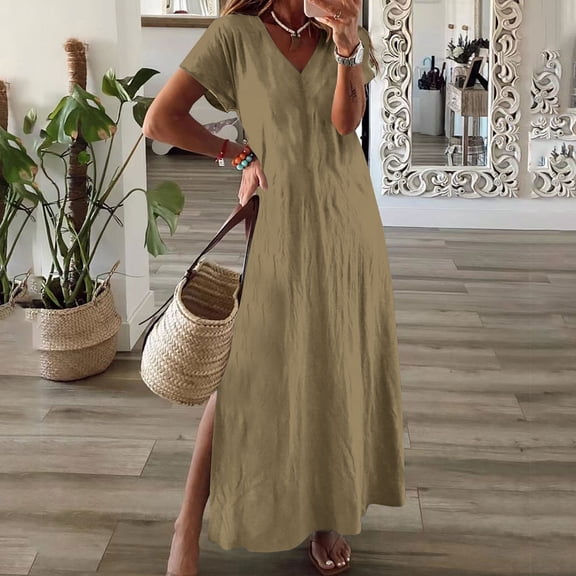 Summer Saving Maxi Dress Plus Size, Women's Fashion Crewneck Loose Half Sleeve Solid Knee-length Dress(Khaki,S)