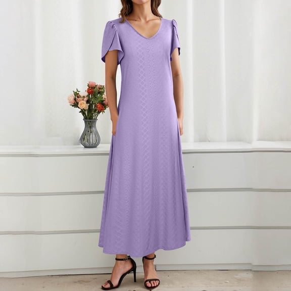 Summer Saving Maxi Dress Plus Size, Women's Summer Sexy Fashion Solid Color Pocket Ruffle Short Sleeve V-Neck Dress(Purple,S)