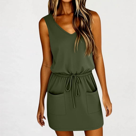 Summer Saving Maxi Dress Plus Size, Women's Summer Sexy Fashion Solid Color Sleeveless V-Neck Bandage Pocket Dress(Army Green,S)
