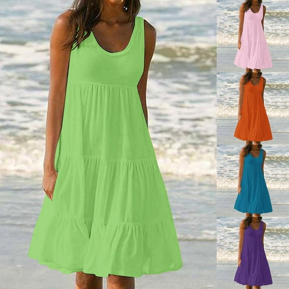 Summer Saving Maxi Dress Plus Size, Womens Fashion Holiday Summer Solid Color Sleeveless Party Beach Dress(Mint Green,L)