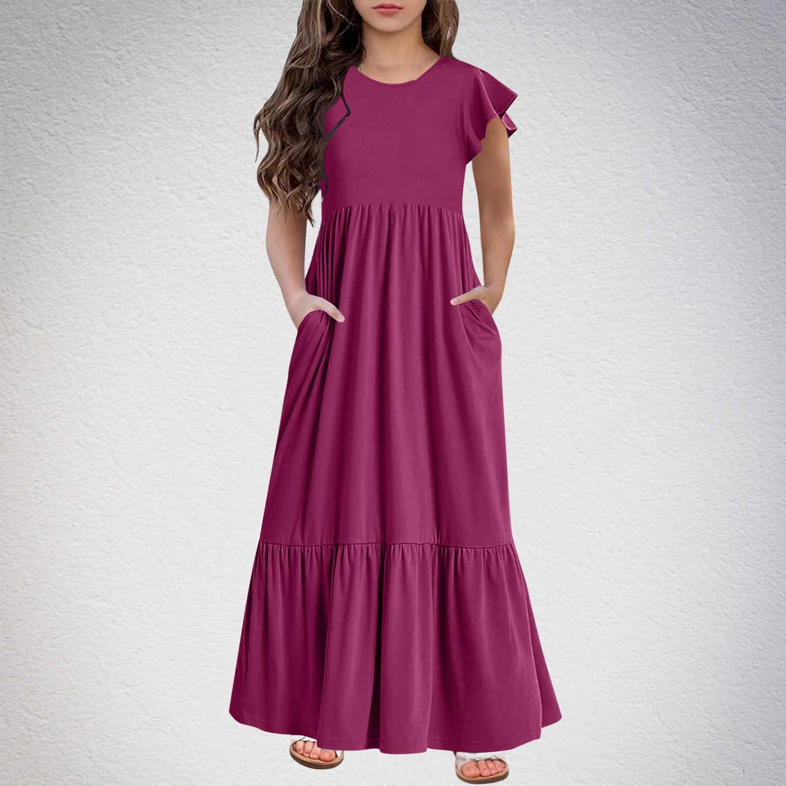 Summer Maxi Dresses for Girls with Pockets Size 6-12 Kids Casual Short  Sleeve Crew Neck Solid Color Comfort Beach Long Dress - Walmart.com