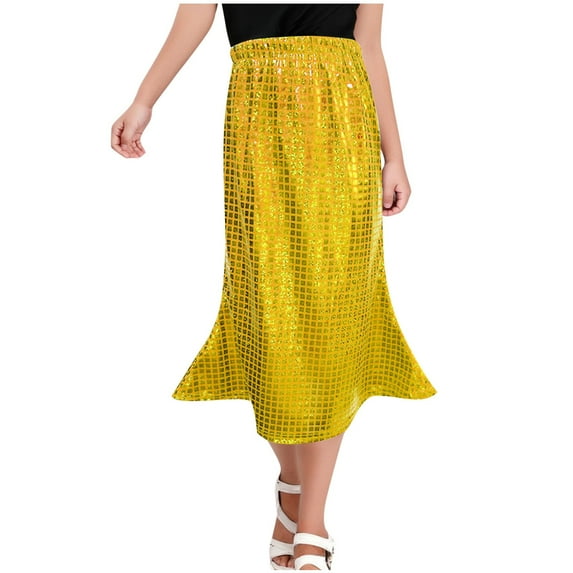 Ohufall Girls Party Dance Skirts Fashion Plaid Printed Sequined Elastic High Waist Skirt Teen Girls Long Skirt for Performance, 3-16 Years