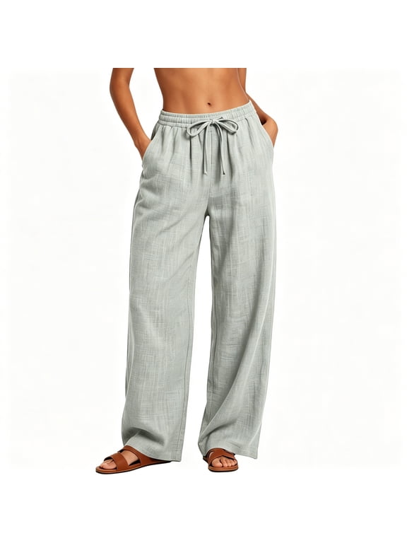 Women's Pants,Cotton-Linen Wide Leg Drawstring Elastic Waist Pants with Pockets,Gray,Size XL