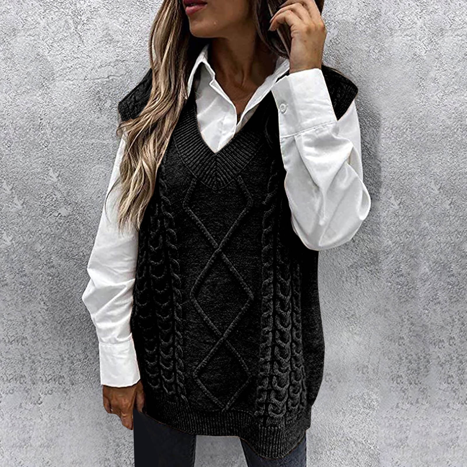 Cable Knit Vest Black Sweater Vest Long Vest Shirt For Women Long