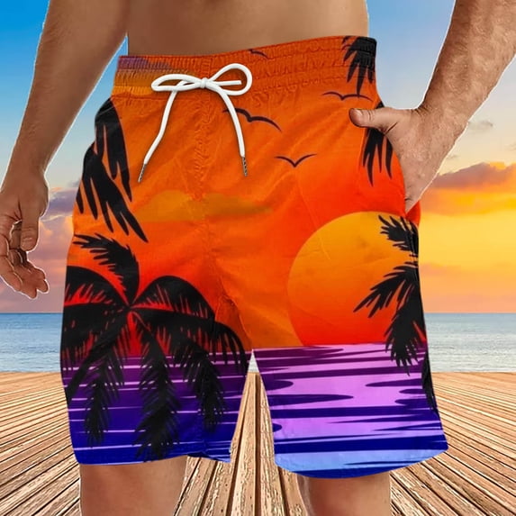 Pitauce Mens Shorts Casual Elastic Waist Drawstring Beach Shorts Plus Size Hawaiian Palm Tree Board Shorts with Pockets