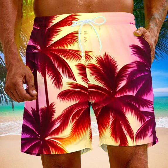 Summer Saving Clearance Pitauce Mens Shorts Hawaiian Tropical Print Beach Shorts Elastic Waist Casual Drawstring Shorts Loose Fit Plus Size Gym Shorts with Pockets