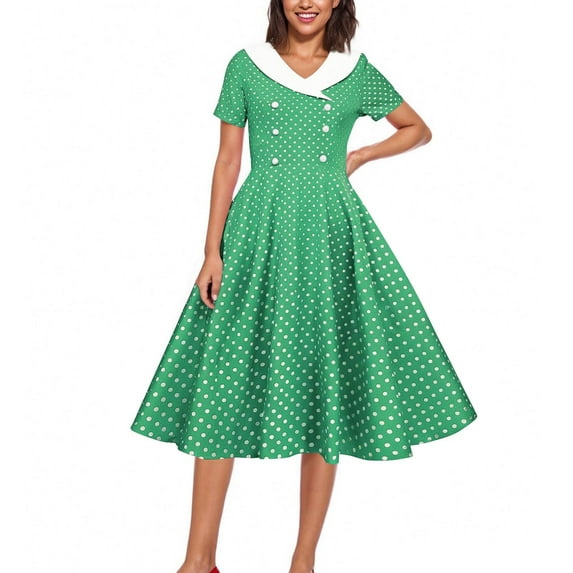 Pitauce Summer Dresses for Women 1950s Vintage Hepburn Style Short Sleeve Dresses V Neck Button Plaid Printed Flowy A-Line Knee-High Dresses