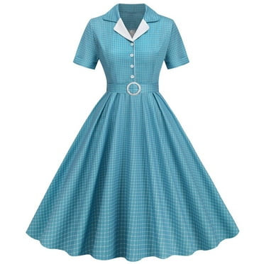 Summer Saving Clearance! Pitauce Summer Dresses for Women 1950s Vintage Hepburn Style Short Sleeve Dresses V Neck Button Plaid Printed Flowy A-Line Knee-High Dresses