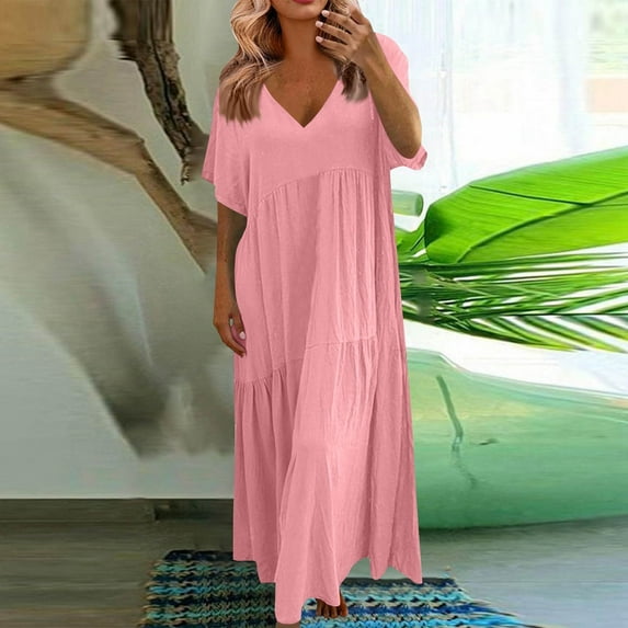 Summer Saving Clearance Plus Size Dresses, Fashion Women's Casual Short Sleeve Solid V-Neck Ladies Dress Long Dress(Pink,M)