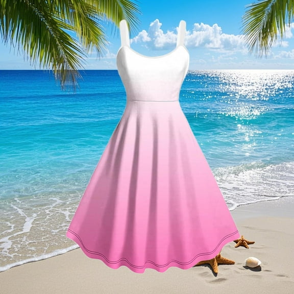 Summer Saving Plus Size Dresses, Woman Summer Fashion Casual Gradient Printing Sleeveless Strappy Dress(Pink,XXL)