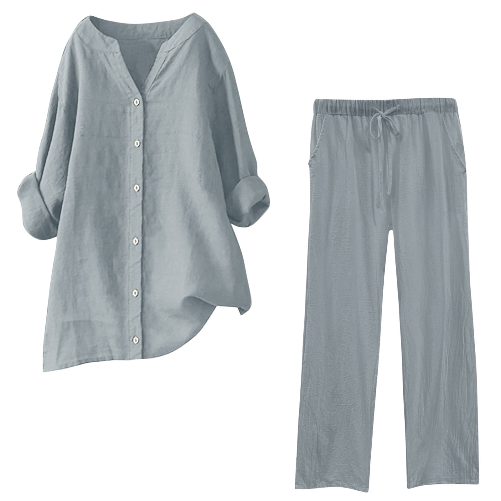 Umenlele Women's 2-Piece Long Sleeve Pajama Set - Button Down Top & Wide Leg Pants, Loungewear