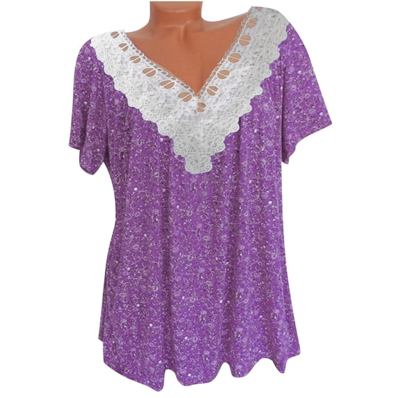 Samickarr Plus Size Summer Tops For Women Tops Dressy Casual Tunic Tops To Wear With Leggings Short Sleeves V-Neck Print Blouse Pullover Tops Shirt
