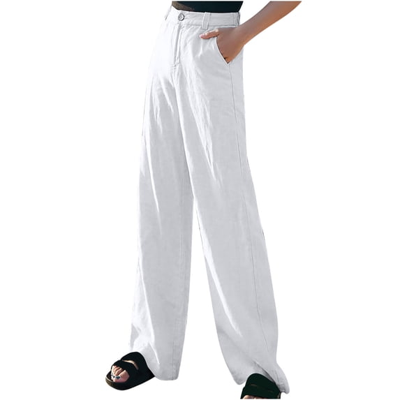 Womens Suit Pants Casual Dress Pants for Women Business Solid Button Mid Waist Long Pants Ladies Straight Leg Comfy Cotton Linen Pants Trousers with Pocket Fall